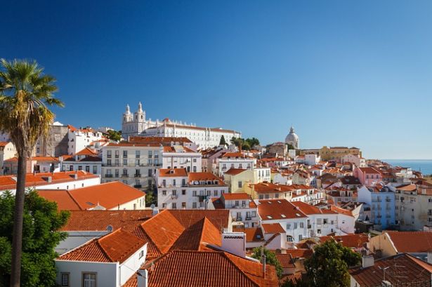 aerial view of white homes with orange roofs in Lisbon