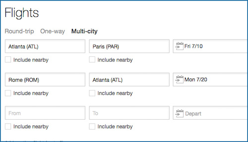 On Kayak, click into “Multi-city” to search for flights into one city and home from another.