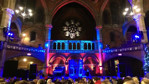 Union Chapel interior lit up blue and pink